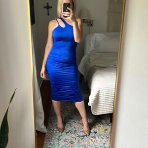 The Fashion Poet Dress Womens Small Blue One Shoulder Ruched Midi‎